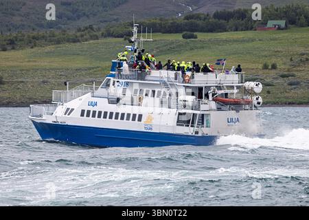Whalewatching boat the Lilja on a tour off the coast of Akureyki, Iceland on 6 June 2025 Stock Photo