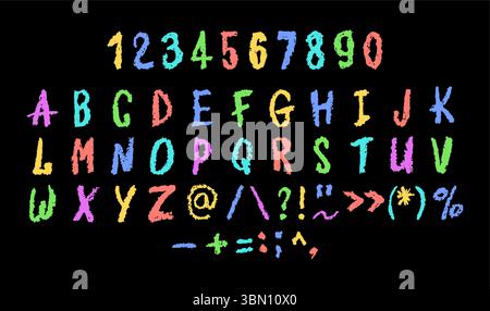 English alphabet and numbers 0-9, hand-drawn in colorful wax crayon or charcoal style on board. Highlighter effect, perfect for kindergarten drawing Stock Vector