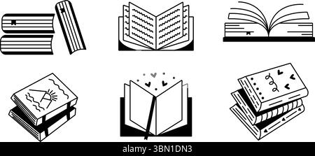 Monochrome black book set, vector icons in different variations, back to school simple sign collection Stock Vector