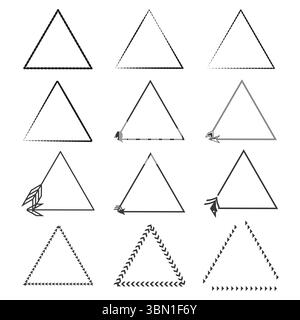 Twelve triangle frames. Arrows and feathers included. Simple line style. Geometric and tribal inspiration. Stock Vector