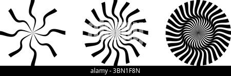 Groovy sun symbols. Round swirl icons. Fan, propeller, cooler, spinner or pinwheel toy signs. Wheel or gear disk symbols isolated on white background. Vector graphic illustration. Stock Vector