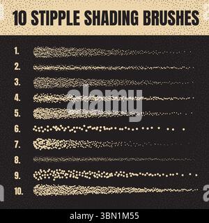 Ink scatter brush, stipple drawing and texturing. Fading gradient. Stippling, dotwork drawing, shading using dots. Halftone disintegration effect Stock Vector