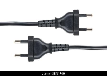 it is black electric plug with cable isolated on white. Stock Photo