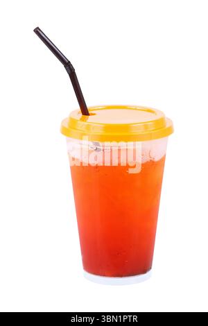 It is Iced tea with straw in plastic glass isolated on white. Stock Photo