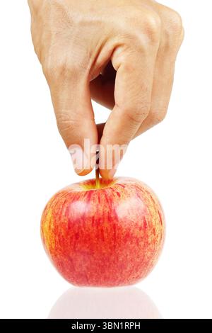 it is one hand takes apple's stem isolated on white. Stock Photo