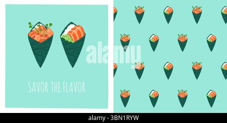 Temaki salmon sushi roll cartoon seamless pattern. Traditional Asian Japanese food boundless background. Sushi seafood endless vector design print fabric textile wrapper template Stock Vector