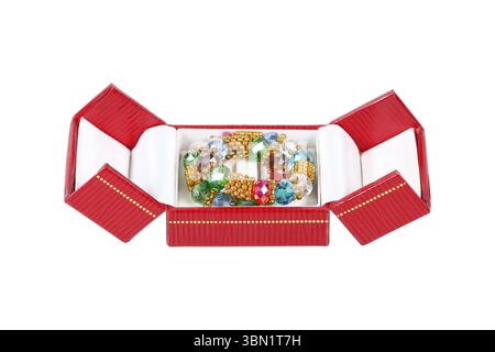 it is square jewelry box with jewelry isolated on white. Stock Photo