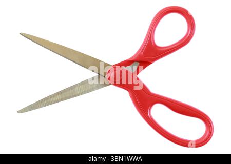 It is Open scissors with red handle isolated on white. Stock Photo
