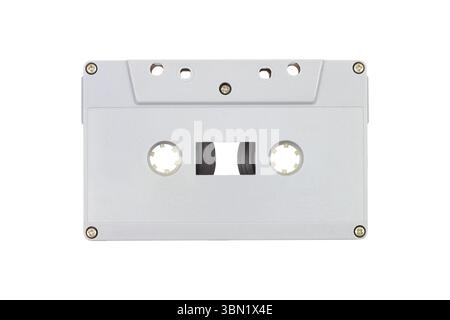 it is grey plastic audio cassette isolated on white. Stock Photo