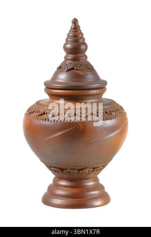 it is antique water containing pottery with lid isolated on white. Stock Photo