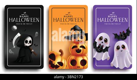 Happy Halloween greeting clipart poster set. Halloween trick or treat text in colorful background with grim reaper, cute pumpkins, ghost and bat Stock Vector