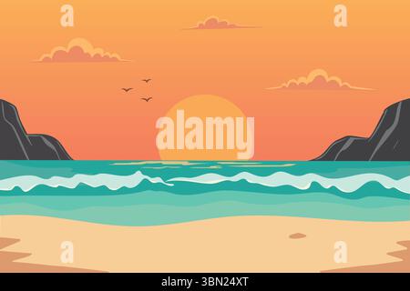 Stylized sunset over ocean with waves and sandy beach Stock Vector
