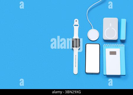 Composition with different modern gadgets and notebook on color background Stock Photo