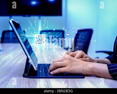 AI technology background, tech concept. Digital AI chip icon showing while business person work with tablet or laptop computer in meeting room, freela Stock Photo