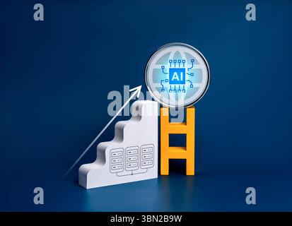 AI Data center growth, increased demand for digital infrastructure, and smart applications concept. AI chip with global symbol and arrow on top ladder Stock Photo
