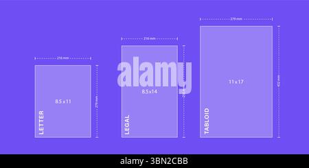 Legal Yellow Paper size. Notebook sheet formats. Tabloid and letter page. Comparison of papers isolated on white background. Vector illustration in Stock Vector