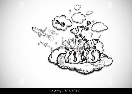 Showing sketch of three money bags on cloud, surrounded by conceptual doodles on white canvas Stock Photo