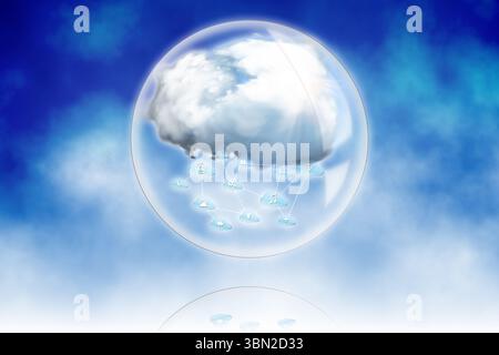 Flat design cloud computing is floating in glass sphere over gradient sky showing network icons Stock Photo