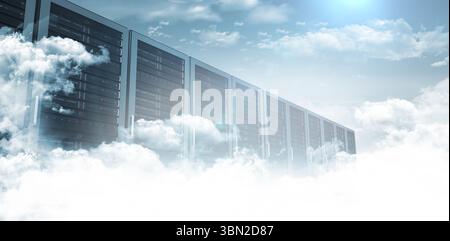Server cabinets are emerging from cloud formations in flat design cloud computing illustration Stock Photo