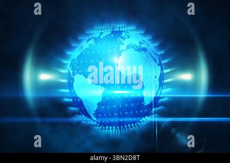 High-tech globe rotating in dark virtual space, showing binary code overlay, beams and glowing halo Stock Photo