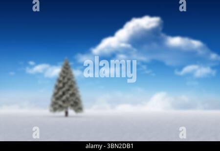 Evergreen tree is standing on snowy plain in flat design style, with blue sky and clouds Stock Photo