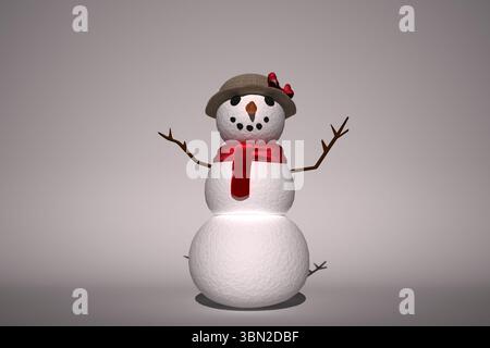 Snowman is standing on gray backdrop, flat design, featuring twig arms, red scarf, carrot nose Stock Photo