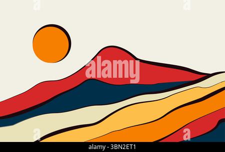 Mountain sunset minimal background vector. Abstract landscape hills with flat color Stock Vector