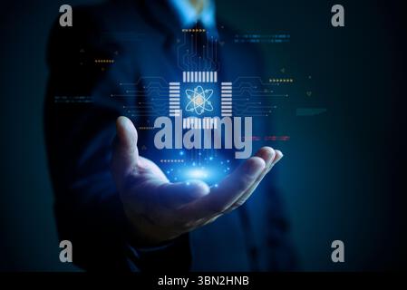 Businessman holding digital chip with quantum computing encryption symbol, representing cybersecurity, innovation, and data protection. Stock Photo