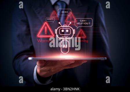 AI, technology, and cybersecurity warnings displayed as red holograms above a tablet in businessman hand, future chatbot. Robot assistant, danger aler Stock Photo