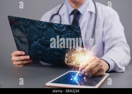 Innovative health technology with AI brain interface. Doctor reviewing MRI scan and processing data on digital tablet. Stock Photo