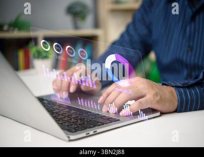 Analytics interface displaying KPI, bar chart, and pie chart for business performance and strategic planning. finance, marketing reports, and digital Stock Photo