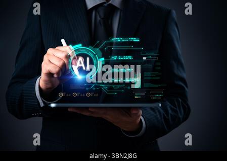 Artificial intelligence strategy development in business with digital AI analytics interface and futuristic insights. cloud computing and financial te Stock Photo
