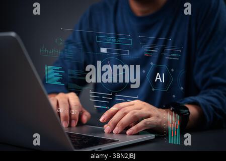 AI developer working on artificial intelligence system with futuristic data interface and machine learning analytics. Stock Photo