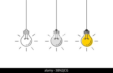 Hanging light bulbs with one glowing on white background. Continuous line drawing light bulb. Concept of idea. Stock Vector