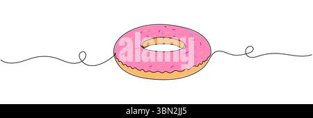 Sweet donut one line continuous drawing. Bakery sweet pastry food. Vector linear illustration. Editable stroke. Stock Vector