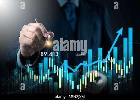 Digital financial growth chart with businessman analyzing data trends. Ideal for business analytics, investment growth, data-driven decision making, a Stock Photo