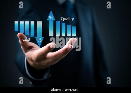 businessman analyzing cost and quality graphs to optimize financial performance, using digital tools and data analysis to drive business decisions. Stock Photo
