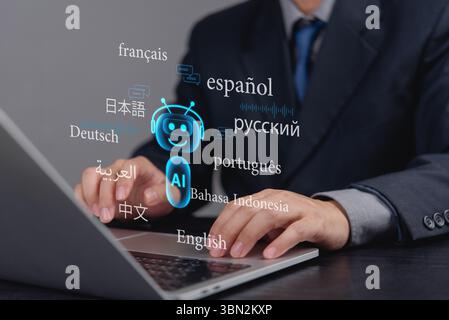 Digital chatbot interface translating several global languages, representing multilingual AI technology in customer service. business communication sy Stock Photo