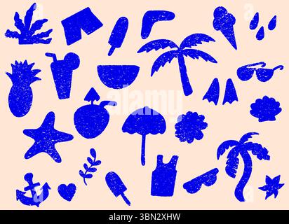 Summer beach silhouette isolated set, Chalk and Crayon summer vacation elements, Cute holiday illustration set, summer silhouette collection Stock Vector