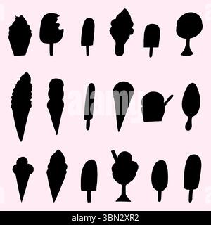 Hand drawn Ice cream silhouette icons set isolated. Ice cream cones, popsicle, sundae and bars vector silhouettes collection, Black doodle set Stock Vector