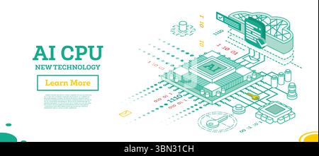 Isometric illustration of AI CPU technology with binary code, cloud storage, and secure data flow. Concept of artificial intelligence, innovation, and Stock Vector