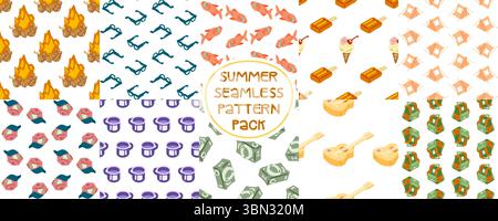 Pack of seamless summer patterns with campfires, sunglasses, fish, tents, backpacks, guitars, ice cream, mugs, hats and money. Flat cartoon style, bri Stock Vector