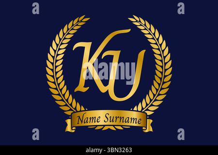 Initial letter K and U, KU monogram logo design with laurel wreath. Luxury golden emblem with calligraphy font. Stock Vector