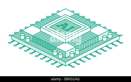 AI CPU microchip. Isometric vector illustration. Digital processor with circuits and components, symbolizing artificial intelligence and advanced comp Stock Vector