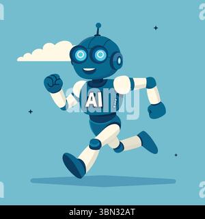 Cheerful robot is running on blue background. Text AI on chest. Cartoon style. Vector illustration. Artificial intelligence, motion, and technological Stock Vector