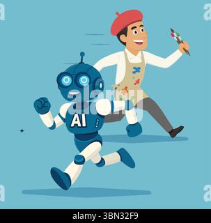 Smiling AI robot and cheerful artist with brushes are running together. Cartoon style. Vector illustration. Creativity, technology, and collaboration Stock Vector
