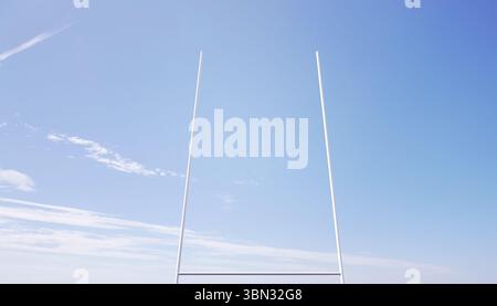 Flat design white metal goalpost is standing against bright blue sky with scattered clouds Stock Photo