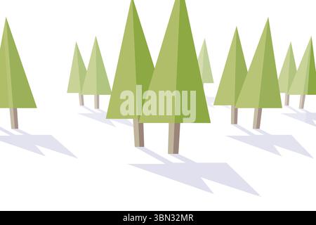 Flat design pine tree is standing among green brown-trunked trees on white, casting long shadows Stock Photo