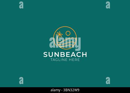 Sun Beach and Palm Tree Logo Badge Illustration Linear Minimalist Style Stock Vector