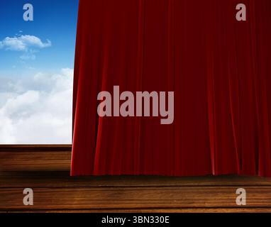 Red velvet curtain is moving aside on wooden stage floor, flat design revealing bright blue sky Stock Photo